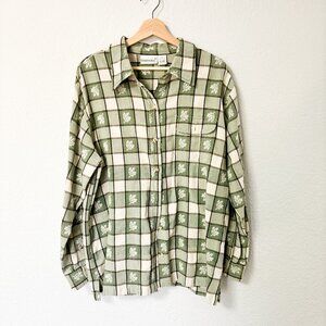 Vintage Plaid Flannel with leaf design Size XL Green & Tan